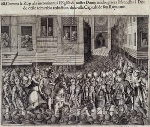 Entré av Henrik IV (1553 - 1610) i Paris den 22 mars 1594 och går till Cathedrale de Notre Dame för att delta i mässan - Gravyr av Jean Lecler, efter Bollery, Musee de Notre Dame de Paris