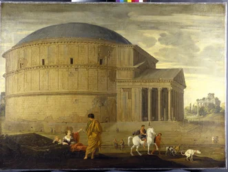 Capriccio utsikt över Pantheon med Vespasianus tempel (olja på duk)
