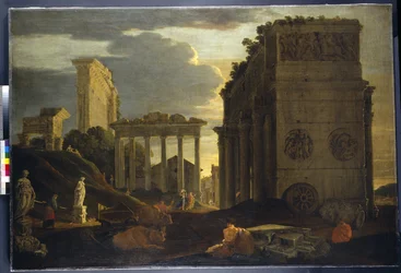 Capriccio-vy med figurer av en triumfbåge och templen för Saturnus och Jupiter Tonans (olja på duk)