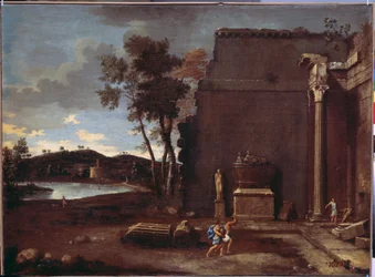 Landskap med en sarkofag. Målning av Jean Le Maire (1597-1659). Fransk konst, olja på duk. Eremitagemuseet, Sankt Petersburg