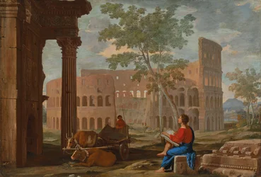 Colosseum, med en konstnär som skissar (olja på duk)