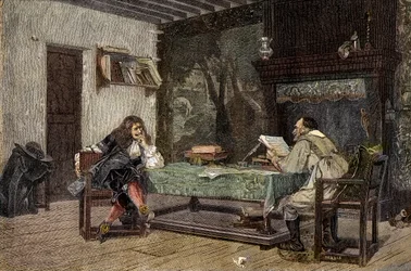 Samarbete mellan Jean Baptiste Moliere och Pierre Corneille Fransk dramatis - "" Författarna Jean-Baptiste (Jean Baptiste) Poquelin dit Moliere (1622-1673) och Pierre Corneille (1606-1684)"" gravyr efter målningen av Jean-Leon (Jean) Leon) Gerome