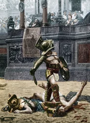 Gladiatorer på den romerska arenan. Åskådarna varnar vinnaren för att skona sin besegrade motståndare och uppmanar honom att döda honom. Gravyr efter en detalj ur målningen av Jean Léon Gérôme (1824-1904)