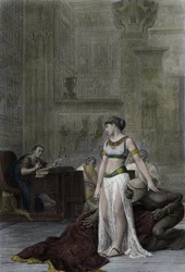 Egyptens drottning Kleopatra VII Thea Philopator (69-30 f.Kr.) och Julius Caesar (100-44 f.Kr.) - Kleopatra inför Julius Caesar i Shakespeares pjäs Antonius och Kleopatra, efter målningen av Jean Léon Gérôme
