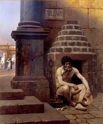 Cave canem. Krigsfånge i Rom, kedjad som en hund vid ett gathörn. "Akta dig för hunden". Målning av Jean Léon Gérôme (1824-1904), 1800-talet. Sol. 1,06x0,9 m. Vesoul, Musée Georges Garret - Cave Canem; En krigsfånge i Rom, kedjad som en