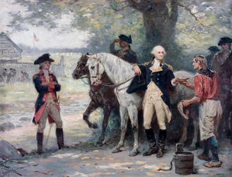 Amerikanska självständighetskriget (1775-1783): George Washington (1732-1789) halvvägs till Brook, nära kontinentalarméns militärläger, en ung man ger honom en drink - Målning av Jean Leon Gerome Ferris (1863-1930 )