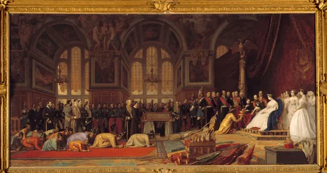 Mottagning av Siam-ambassadörer av Napoleon III och Impress Eugenie: I den stora balsalen Henri II av Chateau de Fontainebleau 27/06/1861, Målning av Jean Leon (Jean-Leon) Gerome (1824-1904)