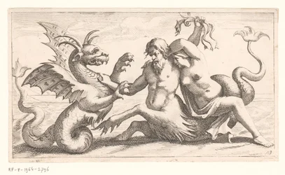 Triton med kvinna som slåss mot ett havsmonster