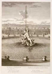Fontän med amor som avfyrar en vattenstrålepil, designad av Louis Lerambert, i Versailles, 1677
