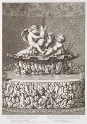 Fontän med två amoriner som rider på en kräfta, designad av Jacques Houseau, i Versailles, 1677