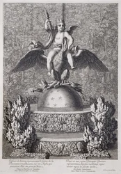 Fontäner med ett barn som representerar den kungliga maktens geni av Pierre le Gros, i Versailles, 1677