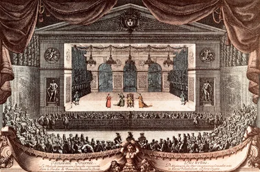 "Le malade imaginaire" (The Imaginary Invalid) av Jean Baptiste Poquelin dit Moliere i Versailles (färgad gravyr)