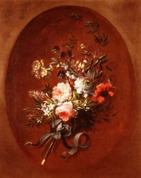 Bukett rosor, vallmo och andra blommor