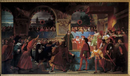 Kung Ludvig XII utropade folkets fader till Generalstaterna i Tours den 14 maj 1506. Denna titel ges till honom för att han minskade storleken, skatt som betalas av allmogen. Målning av Jean Louis Bezard (1799-1861)