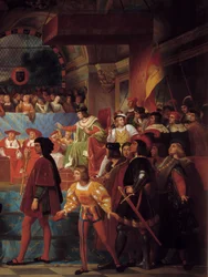 Kung Ludvig XII utropade folkets fader till Generalstaterna i Tours den 14 maj 1506. Detalj. Målning av Jean Louis Bezard (1799-1861)