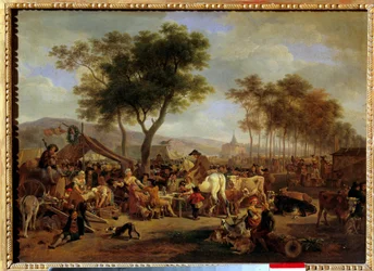 Mässa vid ingången till en by Scen för mat och handel på en bymässa. Målning av Jean-Louis Demarne (1744-1829) Sön. 036x0,5 m