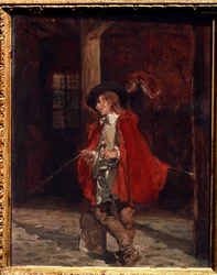 ""Le swashbuckler in a red cloak"" (Swashbuckler in a red cloak) representation av en musketör, älskare av svärdsdueller, nonchalant lutad mot en stolpe. Målning av Ernest Jean Louis Meissonier (1815-1891) Pushkin-museet från 1800-talet, Moskva