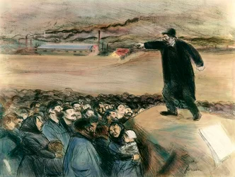 En agitator framför arbetarna. En ledare för arbetarrörelsen kräver i ett tal arbetarnas rättigheter. 1900-talet. Privat samling