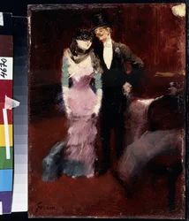 Avgång för en maskerad bal på Parisoperan. Målning av Jean-Louis Forain (Jean Louis Forain