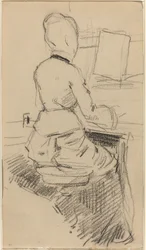 Ung kvinna sitter vid ett piano [recto], ca. 1890.