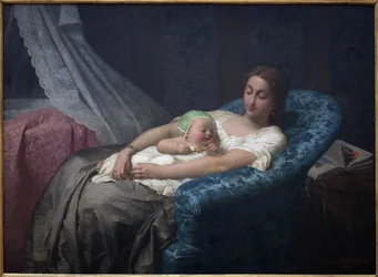 Den unga mamman. Målning av Jean Louis Hamon (1821-1874), Olja på duk