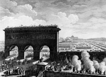 Franska revolutionen: Federationens högtid den 14 juli 1790 på Champs de Mars i Paris. Gravyr av Berthaut efter Prior. Paris, biblioteket vid Institutet för revolutionshistoria