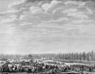 Franska revolutionen: Gilbert du Motier, Marquis de la Fayette (1757-1834) fick tvåhundra soldater avväpnade för odisciplin vid Champs Elysees i Paris den 12 januari 1790. Gravyr av Berthaut efter Prior. Paris, biblioteket vid Institute of History of R