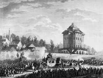 Franska revolutionen: Kungafamiljens återkomst efter arresteringen i Varennes den 20 och 21 juni 1791: Kung Ludvig XVI och Marie Antoinette återfördes till Paris den 25 juni 1791. Gravyr efter teckning av Prior. Paris, Bibliotek vid Institute of History of