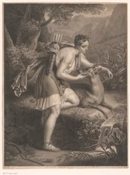 Dianas nymf tar en pil från halsen på ett rådjur La Nymphe de Diane (titel på objekt)