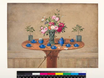 Stilleben med en vas med blommor och en teservering, 1810