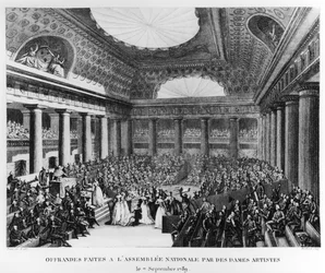 Gåvor överlämnade till nationalförsamlingen i Salle des Menus-Plaisirs av kvinnliga konstnärer, 7 september 1789, graverad av Pierre Gabriel Berthault (1737-1831)