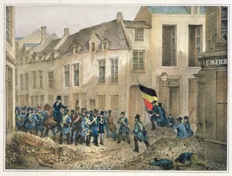 Rue de Louvain, Bryssel, 23 september 1830, graverad av A.M. Jobard (fl.1820-30)