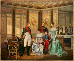 Kejsarinnan Joséphine de Beauharnais (1763-1814) tar emot tsar Alexander I (1777-1825), åt vilken hon rekommenderar sina barn, i maj 1814. Kejsarinnan omges av Eugène Rose de Beauharnais, kallad prins Eugène (1781-1824), Hortense de Beauharnais (1783)