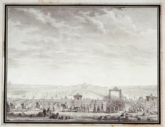Franska revolutionen: "" Les troupes du Champ-de-Mars avgår till Place Louis XV: 12 juli 1789"" Teckning i bläck och tvätt av Jean-Louis Prieur (1759-1795) 1700-talet. Storlek 0,17x0,23 m. Paris, Carnavalet-museet