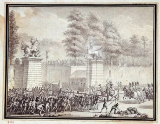 Franska revolutionen: "" Monsieur de Lambesc går in i Tuilerierna med en avsättning från det kungliga tyska regementet den 12 juli 1789"" Teckning i bläck och tvätt av Jean-Louis Prieur (1759-1795)