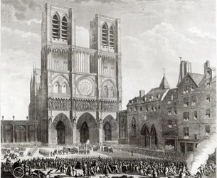 Thomas de Mahy (1744-90) Markis av Favras gör hedervärd gottgörelse inför Notre-Dame, graverad av Pierre Gabriel Berthault (1737-1831) 1790