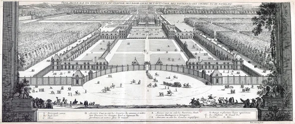 Allmän perspektivvy över slottet, borggården, förgården, rabatterna, trädgårdarna m.m. vid Richelieu