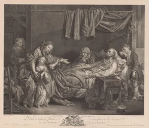 Familj runt en sjuksäng La Dame Bienfaisante (titel på objekt)