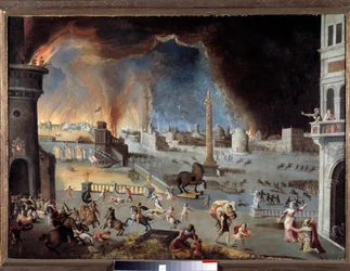 Trojas erövring - Scen ur det trojanska kriget, staden ödeläggs av grekerna som trängde in i staden tack vare hästen. Målning av Jean Maublanc (1582-1628). 1600-talet. Besançon, Konstmuseet - Trojas fall - Scen ur det trojanska kriget