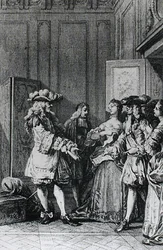 Illustration från LImpromptu de Versailles av Moliere (1622-73) graverad av D. Nee