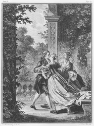 Kärlekens första kyss, volym I, sidan 37, illustration ur "La Nouvelle Héloïse" av Jean-Jacques Rousseau (1712-78), graverad av Noël Le Mire (1724-1800)