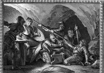 Mordet på Waifre (eller Gaifier), hertig av Akvitanien (767 eller 768). Gravyr av Romanet efter Moreau le Jeune (1779).