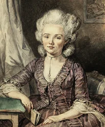 En ung dam som sitter vid ett bord med en bok, 1785