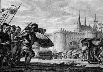 Vikingarmén attackerar Saint Germain des Pres (Saint-Germain-des-Pres) och hans kloster. 900-talet (Karl II den skalliges regeringstid). Gravyr av Jean Michel Moreau, känd som Moreau den yngre (1741-1814)