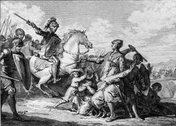 Mordet på Theoderik II:s av Burgund söner år 613, i närvaro av Chlothar II (584-628), kung av Neustrien. Bland dem fanns Sigibert II (601-613). Gravyr av Jean Michel Moreau, kallad Moreau den yngre (1741-1814)