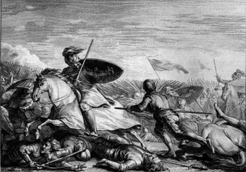 Slaget vid Fontenoy, 841: flykt från Lothaire 1:a (795-855) efter hans armés nederlag. Gravyr av Jean Michel Moreau, dit Moreau le Jeune (1741-1814)