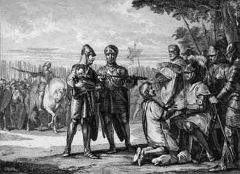 Slaget vid Tertry, 687: segraren över Neustriens armé, Pippin den yngre eller av Herstal (omkring 653-714), furste av Austrasien, erkänner auktoriteten hos Neustriens kung Theoderik III (657-691). Gravyr av Jean Michel Moreau, kallad Moreau den yngre