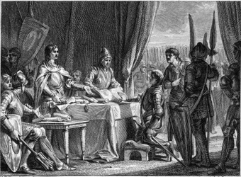 Charles Martel (688-741), frankernas kung, delar ut kyrkans varor till sina soldater, 718. Gravyr av Jean Michel Moreau, dit Moreau le Jeune (1741-1814)
