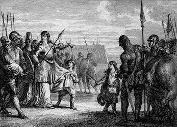 Charles Martel skickas till fängelse, 714: Plectrude (ca 650-717), änka efter Pepin de Herstal, skickade den unge Charles Martel (688-741) till fängelse för att avlägsna honom från makten. Gravyr av Jean Michel Moreau, dit Moreau le Jeune (1741-1814)