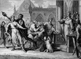 Dagobert 1:a (602/605-638), Frankernas kung, försöker hävda den kungliga auktoriteten i Bourgogne genom att höra invånarnas klagomål mot deras herrar. Gravyr av Jean Michel Moreau, dit Moreau le Jeune (1741-1814)
